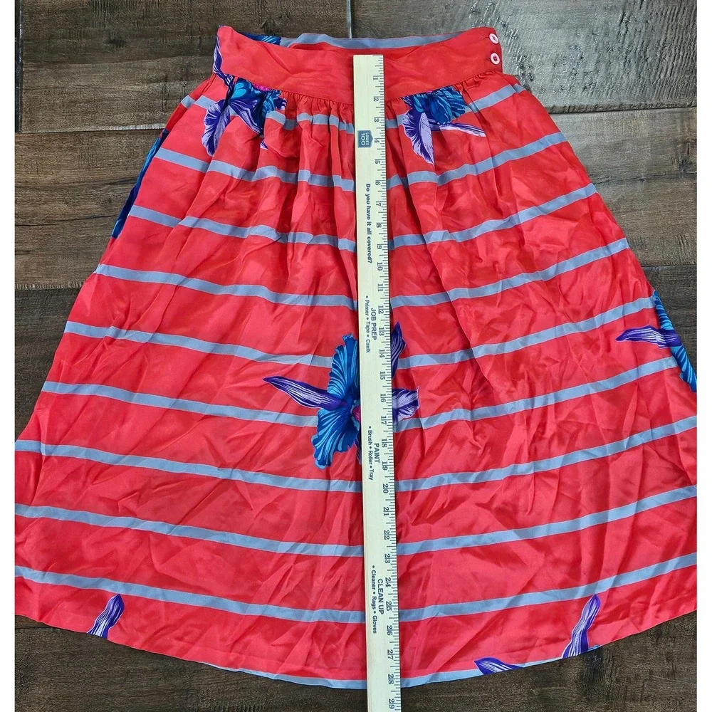RARE VTG Irka 100% Silk 2 Piece Skirt‎ Set Coral Pink Blue Orchid Floral Stripe